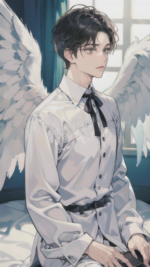 man, side face, wings white behind him, angel