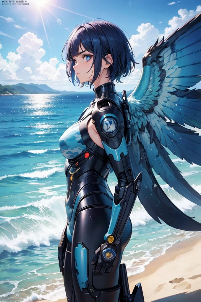 masterpiece, best quality, ultra detailed, 4K, no bad anatomy and fingers, fibonacci composition, from side, cinematic angle, a cyborg girl, beach, staring out to sea, melancholy, super fine concept art, combat plug suit with big mechanical wings, Blue Camouflage, elaborately designed clothes, medium short hair with straight bangs above the eyebrows, colored inner hair, glowing beautiful skin and eyes,  beautiful Okinawa beach, sunny, thick lines, sunbeam, detailed background, Masashi Kishimoto, Hirohiko Araki, -text,