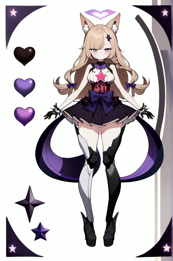 woman 170 cm tall, medium chest, wide hip, slim build, charming look, ((whole body)), (((character design sheet: front view))), (dark blonde hair, ((hip length wavy hair, asymmetrical bangs, star hairpin)), (She has a short braid tied with an elegant purple ribbon on the left side of her hair above her chest), (She has a short braid tied with an elegant purple ribbon on the right side of her hair above her chest), small hair bows at the back of your hair.), ((Gray eyes with a pink 4-pointed star in the pupil.)), (Two black and purple fox ears located on the top of the head.), (Luminous black horizontal halo in the shape of a four-pointed star above the head with purple thorn patterns), He has a black collar with a heart emblem on his neck., (Elegant long one piece dress, Thigh-length lace and ruffle skirt, large bow at the back of the hip, ribbon decorations and star patterns on the dress), black ruffled gloves, Black platform heels, gray belt at the waist with a large ribbon with a luminous pink heart in the middle, ((It has a small succubus tail that ends in the shape of a heart.)), (((It has complex futuristic mechanical legs that reach up to the thighs., black color with small red and purple details.))), extremely detailed beautiful hair, beautiful detailed dress, extremely detailed arms, extremely detailed face, (Extremely detailed hands), perfect hands, small face, Beautiful detailed eyes, beautiful detailed lips, adorable, extremely detailed legs, (Best Quality, 8k, high resolution), ultra detailed, Exquisite and epic character art, ((White background)), (Focus on symmetry).