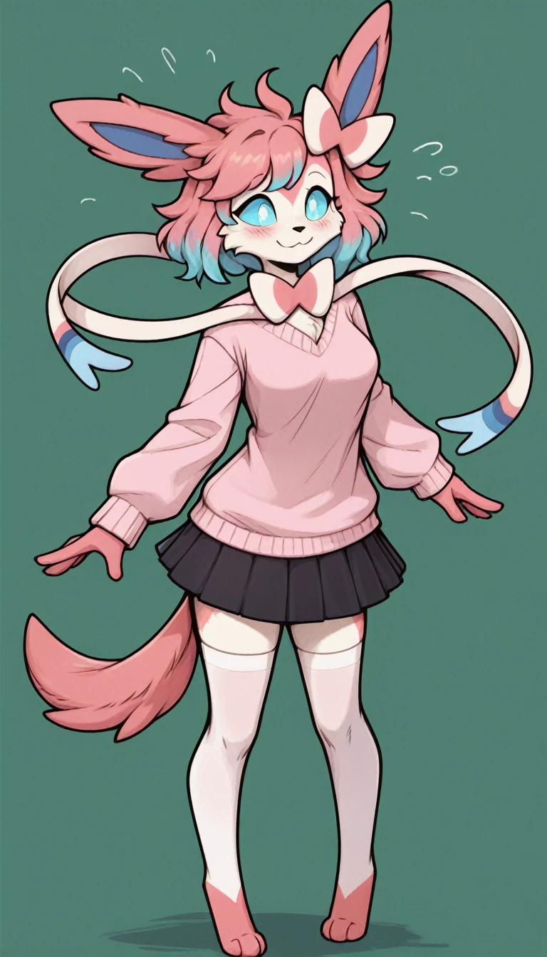 Excited expression, 1girl, anthro, furry, fur, fluffy fur, sylveon girl, pink hair (cyan highlights), cyan eyes, long pink hair, Messy hair, (19 years), medium breast, thighs, solo, (green background), detailed, pink sweater, black skirt, white stockings, wide smile (closed mouth), blush, (full body), standing, score_9, score_8_up, score_7_up, score_6_up, score_5_up, score_4_up
