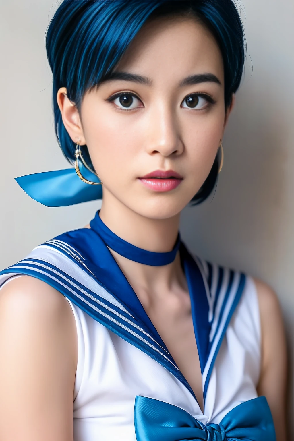 Ami Mizuno, (sailor mercury, neck ribbon, blue hair, short hair, circlet, jewelry, crescent earrings),Sailor Mercury. beautiful, whole body,background mercury, Highly detailed art gems