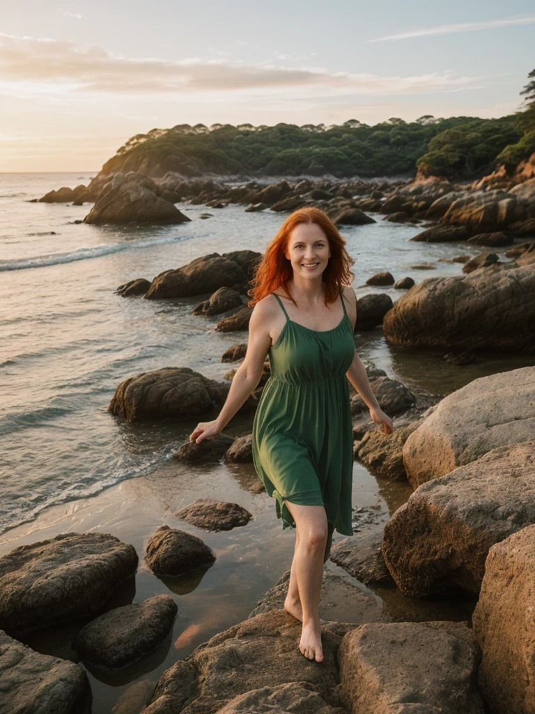 portrait shot, her name is Mia, high quality, 1 old woman, ((40-year-old guitar shaped body irish woman)), (((40 years old))), (guitar shaped body), wide hips, (wrinkled body), (old body), (((red hair))), (pale skin), ((green eyes)), she is wearing a sexy boho dress, dynamic pose, smiling, BREAK, BACKGROUND: outdoor: secluded cove at sunrise, coves, dawn, tide pools, seashells, small boat