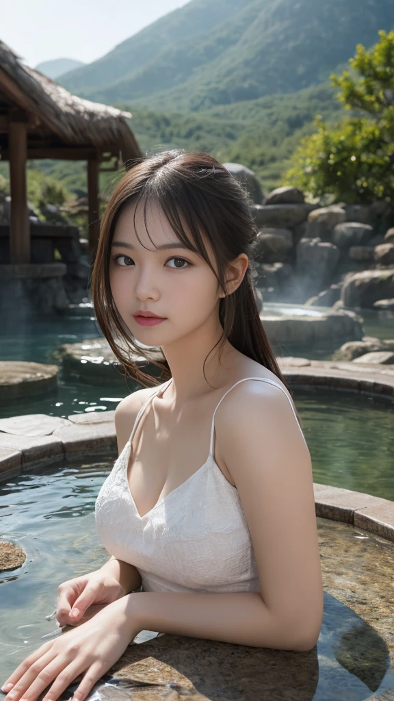 Tabletop, Highest quality, figure, Very detailed, In detail, High resolution, 8k wallpaper, Perfect dynamic composition, One girl, Beautiful attention to detail, At the hot spring, outside