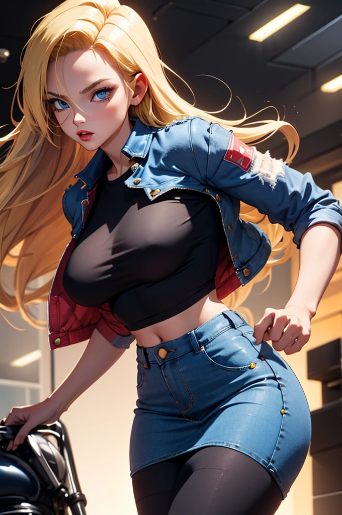 (masterpiece, best quality), 1girl, android 18, blonde hair, long hair, blue eyes, Big Breasts,jeans skirt,black pantyhose, black legwear, sleveless jeans open jacket,