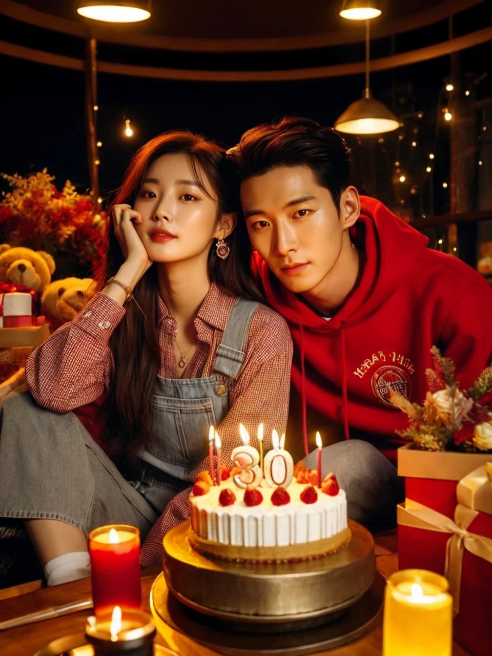 real potrait, full body, long shot, a Korean woman with long hair, wear casual clothes, Beside him was a Korean man with short slick-back hair wearing red flannel, Sit down, in front of him is a birthday cake, there are number candles "30", Behind it is full of birthday accessories, night atmosphere, romantic feel, charming bright colors 