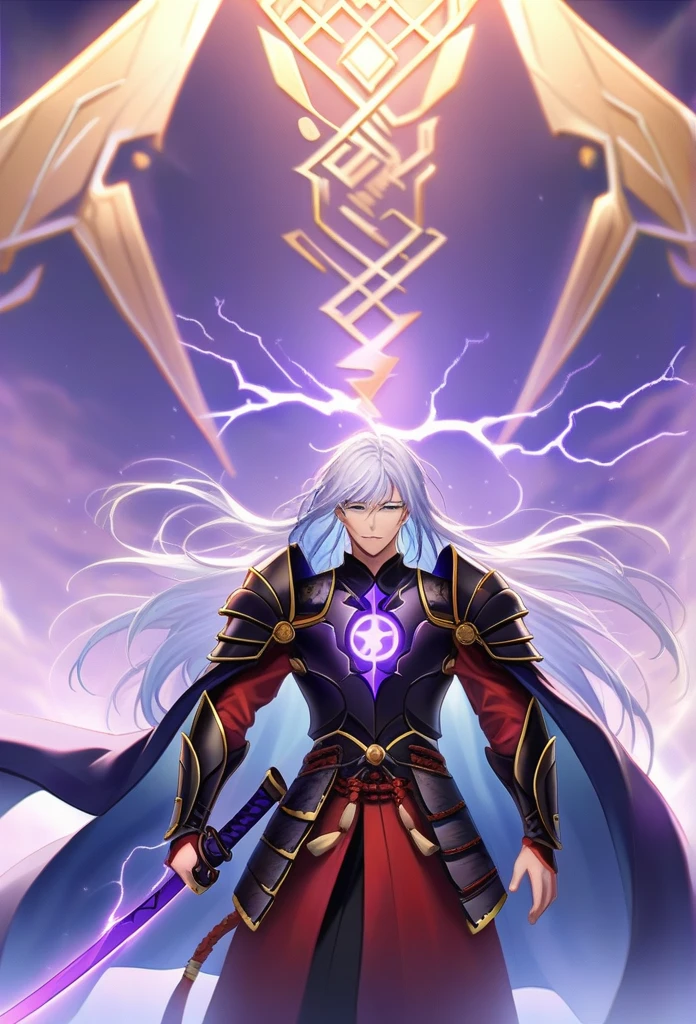 score_9, score_8_up, score_7_up, score_6_up, score_5_up, score_4_up, Perfect_???????, Raiden has long, flowing white hair that crackles with electric energy, and piercing azure eyes that glow with an otherworldly light. He wears a traditional samurai outfit, but it is adorned with intricate patterns of lightning and celestial symbols. His armor is a blend of ancient samurai craftsmanship and divine elements, giving him a regal and formidable presence.