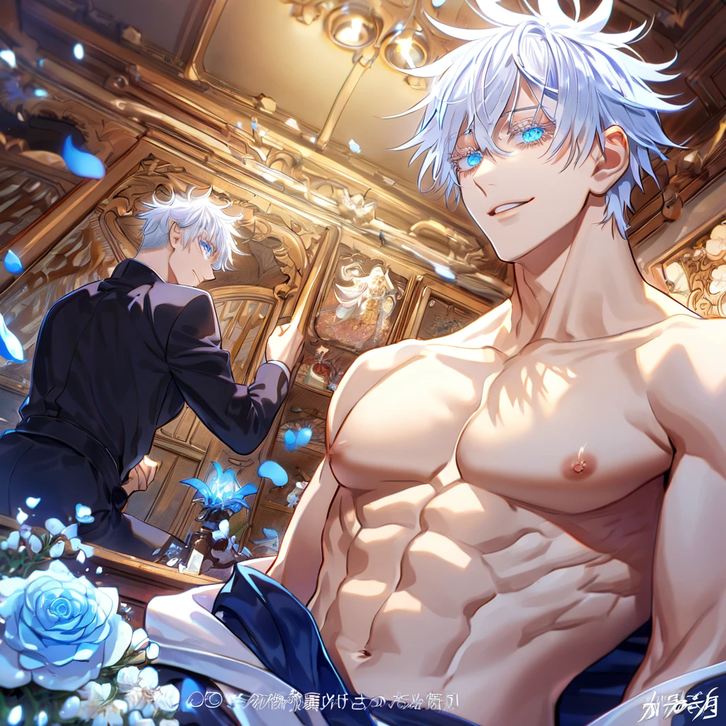 absurdres, highres, ultra detailed, HDR, master piece, Gojou Satoru, white hair with bangs, white eyelashes, expressive blue eyes, hair between the eyes, bare chest, toned chest, Jujutsu Kaisen, sexy man, room, handsome, best quality, flowers, fantasy, magical, solo, blue shining fireflies, blue petals, handsome smile,