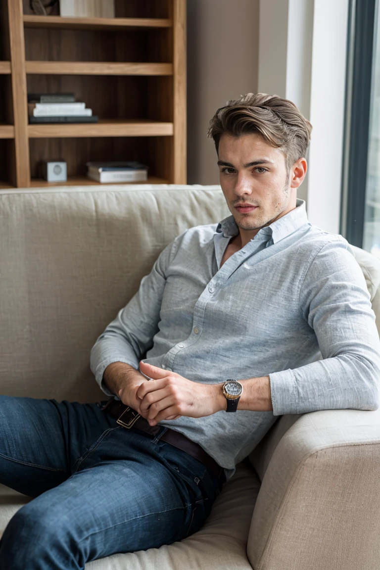 Realistic photo of handsome men , sitting on sofa ,office living room