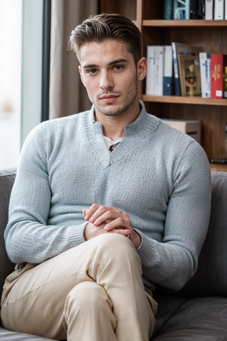 Realistic photo of handsome men , sitting on sofa ,office living room