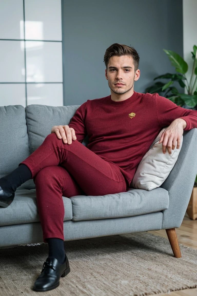 Realistic photo of handsome men , sitting on sofa ,office living room