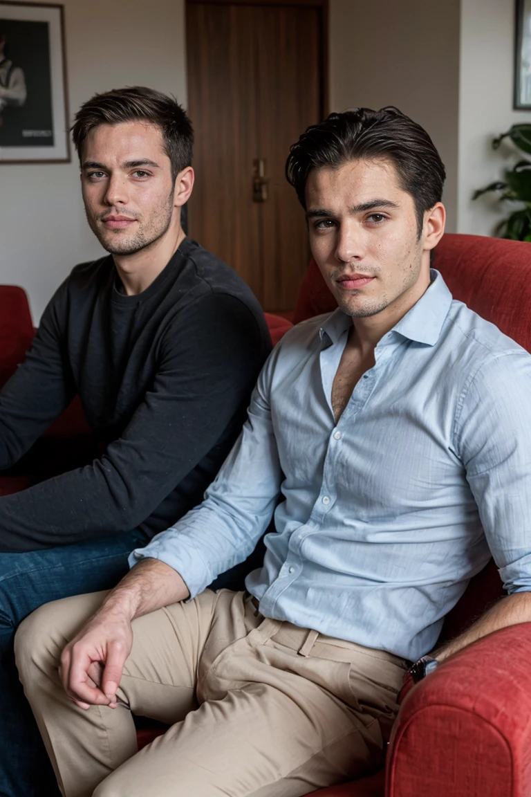 Realistic photo of handsome men , sitting on sofa ,office living room