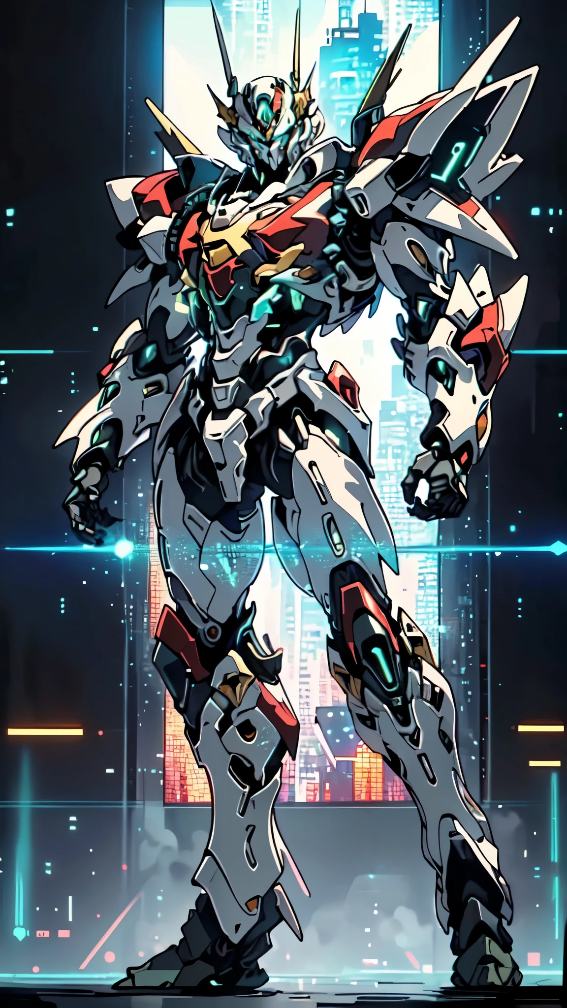 (masterpiece:1.5, best quality:1.5, extremely delicate:1.5, foreshortening:1.5, dynamic angle:1.5), a man wearing a full-face helmet, a fantasy-style biotech armored combat suit, green eyes, (a composite layered chest armor), fully enclosed shoulder guards, matching arm and leg guards, belt of Neon circuit, (the color scheme is primarily white with red green accents), the design balances heavy with agility, a high-tech bio-mecha armor, (Armor Concept Inspired by neon Cyberpunk, stand on the top of a skyscraper in a futuristic sci-fi city), this character embodies a finely crafted fantasy-surreal style armored hero in anime style, exquisite and mature manga art style, (element, plasma, energy, the armor glows), ((male:1.5)), metallic, high definition, highres, ultra-detailed, ultra-fine painting, professional, perfect body proportions, golden ratio, anatomically correct, symmetrical face, extremely detailed eyes and face, high quality eyes, creativity, RAW photo, UHD, 32k, Natural light, cinematic lighting, masterpiece-anatomy-perfect