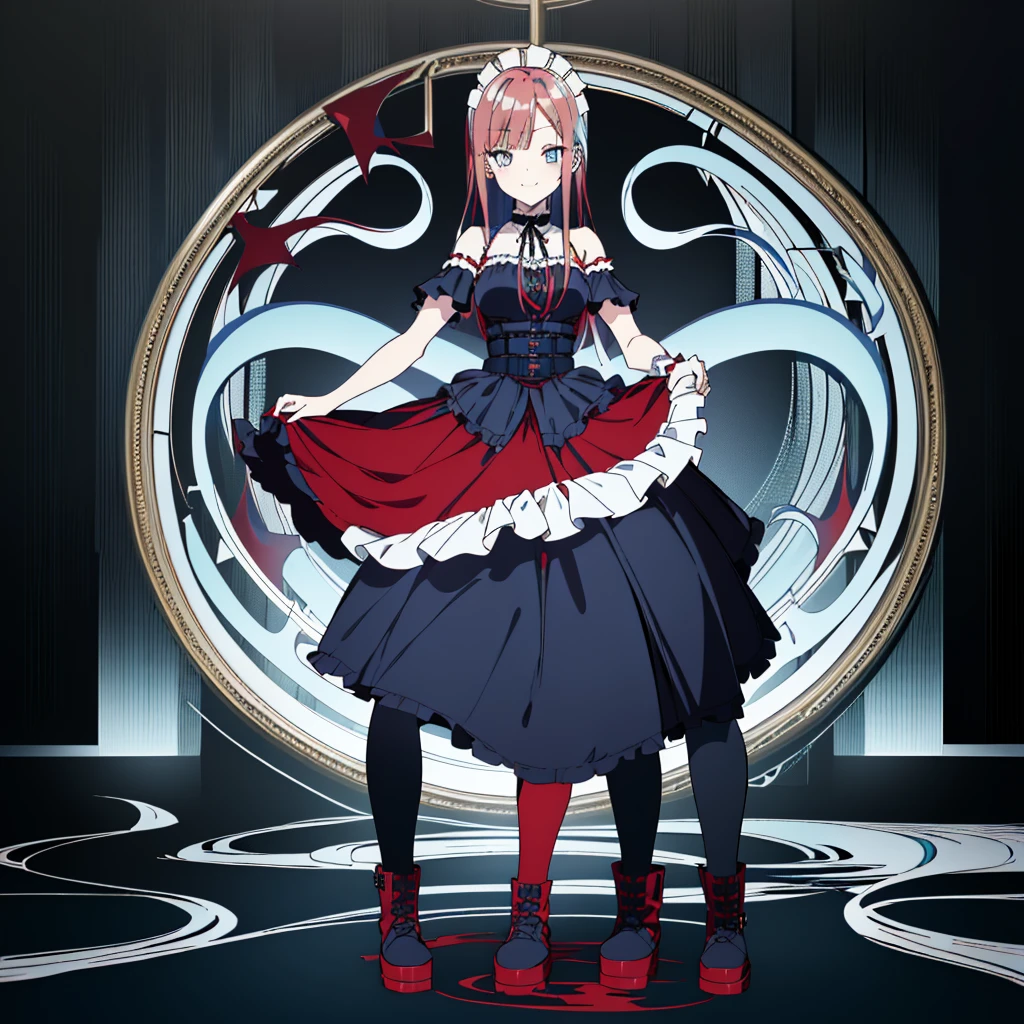 [(conversation room background:1.4)::5],original,(illustration:1.1),(best quality),(masterpiece:1.1),(extremely detailed CG unity 8k wallpaper:1.1), (colorful:0.9),(mid shot:0.95),(full body:1.5),Dynamic angle,(solo:1.2), (girl),((adult)), (detailed beautiful eyes:1.15), (beautiful face:1.15), (glowing red eyes:1.25////),((red medium hair)),(blunt bangs),(high twintails),(+perfect hand+:1.21),(Draw an illustration of a gothic girl),(Religious),(slender),(is wearing boots on her feet),((is wearing white maid clothes)),(furious), Lace Off-shoulder ta fashion,beautiful slender woman,((evil smile)),adult,thin legs,((red hair)),((mini skirt)),((mini skirt)),((black boots)),((black boots)),((black boots)),dynamic angle,dynamic pose,((split-color hair , red hair , light blue hair)),((split-color hair , red hair , light blue hair)),((split-color hair , red hair , light blue hair)),