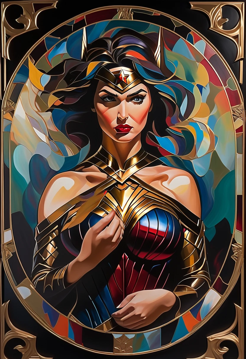(bold brushstrokes,vibrant colors,abstract shapes) painting of an extremely powerful, emotional, and sexy wonderwoman. The painting portrays her with detailed, piercing gaze and beautiful, seductive lips. She stands tall and confident, with a strong, statuesque figure, dressed in a sleek, form-fitting costume that accentuates her curves. The background is filled with dynamic, swirling strokes, representing the chaotic and powerful nature of her emotions. The colors used are a mix of vibrant and contrasting hues, symbolizing both the intensity and complexity of her emotions. The painting is rendered with high resolution and ultra-detailed brushwork, capturing every intricate detail and texture. The overall lighting is dramatic and spotlight-like, casting shadows and highlighting the contours of her figure. The painting combines elements of realism and abstraction, creating a visually striking and emotionally evocative artwork. cross hands