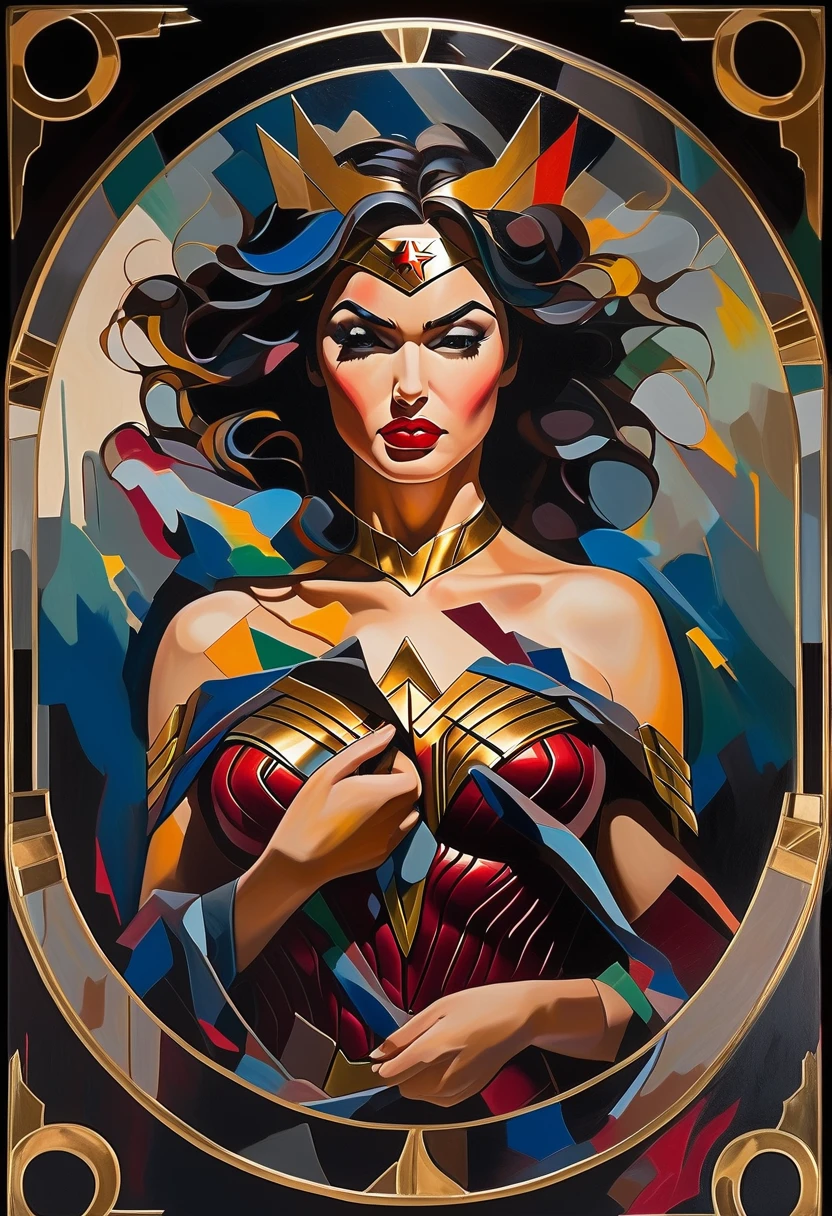 (bold brushstrokes,vibrant colors,abstract shapes) painting of an extremely powerful, emotional, and sexy wonderwoman. The painting portrays her with detailed, piercing gaze and beautiful, seductive lips. She stands tall and confident, with a strong, statuesque figure, dressed in a sleek, form-fitting costume that accentuates her curves. The background is filled with dynamic, swirling strokes, representing the chaotic and powerful nature of her emotions. The colors used are a mix of vibrant and contrasting hues, symbolizing both the intensity and complexity of her emotions. The painting is rendered with high resolution and ultra-detailed brushwork, capturing every intricate detail and texture. The overall lighting is dramatic and spotlight-like, casting shadows and highlighting the contours of her figure. The painting combines elements of realism and abstraction, creating a visually striking and emotionally evocative artwork. cross hands