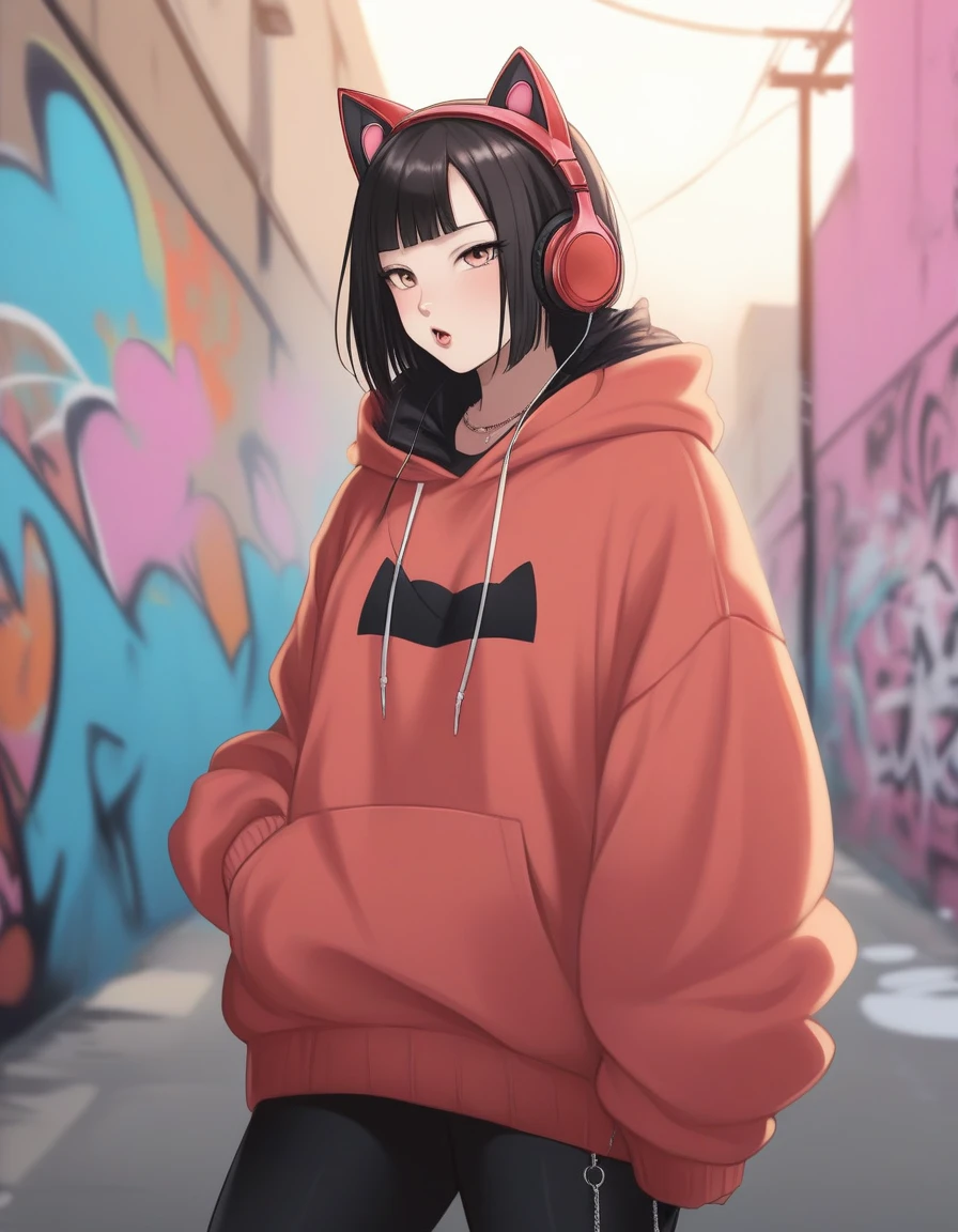 Cute cat girl hinata sexy peitos grandes roupas rasgadas ed in a red gold hoodie all red pastel Black accents, oversized headphones snugly fit around its neck, bebendo um café bem quente mid-action as it maneuvers through an urban setting, backdrop of graffiti-covered walls, contemporary streetwear fashion vibe, pastel tones, soft-focus background, bokeh lights, digital painting, ultra fine, ultra realistic
