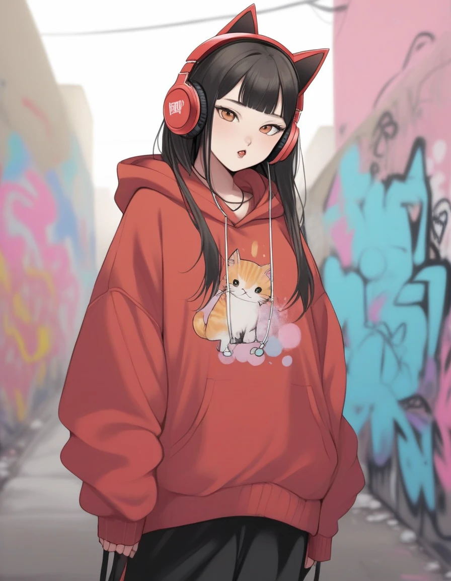 Cute cat girl hinata sexy peitos grandes roupas rasgadas ed in a red gold hoodie all red pastel Black accents, oversized headphones snugly fit around its neck, bebendo um café bem quente mid-action as it maneuvers through an urban setting, backdrop of graffiti-covered walls, contemporary streetwear fashion vibe, pastel tones, soft-focus background, bokeh lights, digital painting, ultra fine, ultra realistic