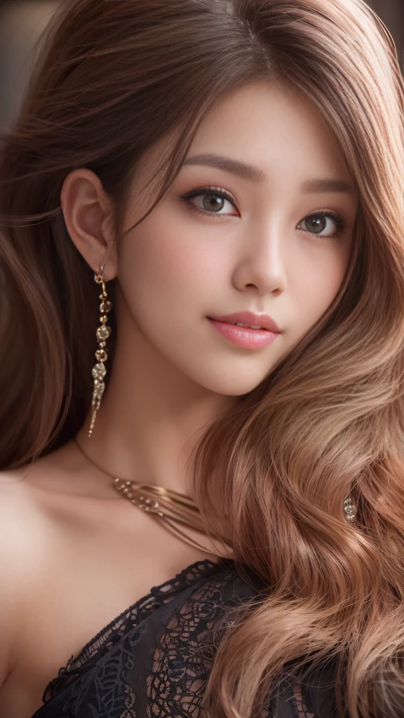 (hair, RAW Photos, Highest quality, masterpiece:1.4), (Realistic, photo-Realistic:1.3), (20-year-old), (One girl:1.5), (Medium chest), Showing cleavage, Gorgeous dress, (A very complicated and cute face and eyes), ((Face shot:1.2)), Particularly strong light, (Upward glance), shiny shairin, (darhair brown hair, Semi-long cut:1.2), (flash:1.2), ((Seductive posture:1.2, Charm:1.2)), ((Excellent anatomy: 1.2)), Perfect Face:1.2, Portraiture, Cowboy Shot, close:1.3, (Cute Smile), mahaireup, Lip gloss, blush cheehairs, Detailed teeth, Mouth details, a nechairlace, Earrings, bracelet, breahair, (in the parhair)