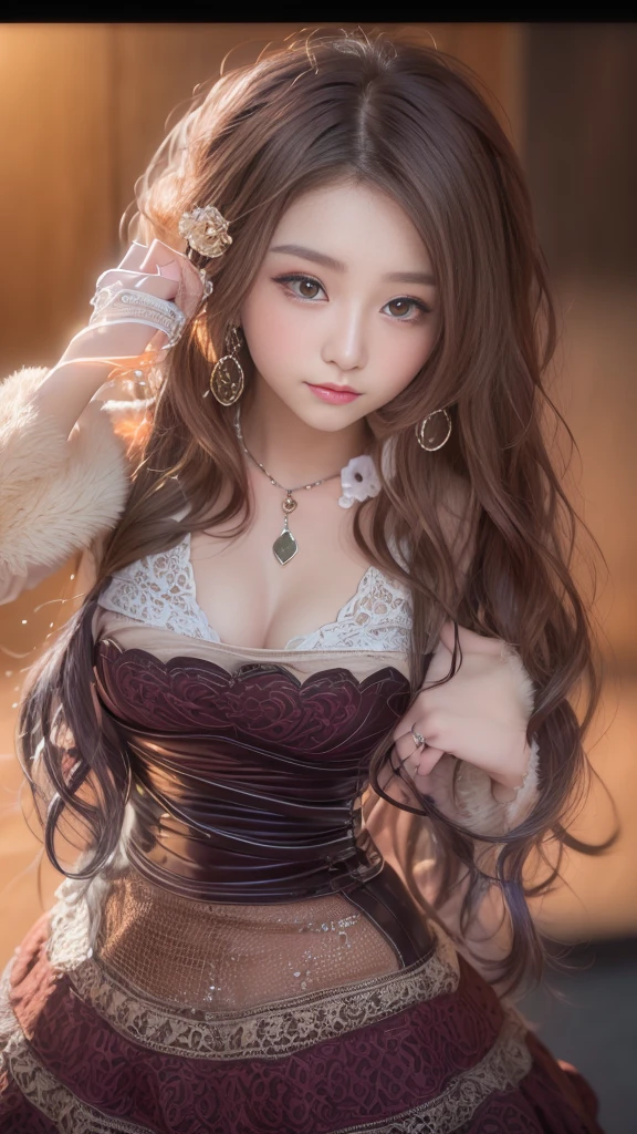 (hair, RAW Photos, Highest quality, masterpiece:1.4), (Realistic, photo-Realistic:1.3), (20-year-old), (One girl:1.5), (Medium chest), Showing cleavage, Gorgeous dress, (A very complicated and cute face and eyes), ((Face shot:1.2)), Particularly strong light, (Upward glance), shiny shairin, (darhair brown hair, Semi-long cut:1.2), (flash:1.2), ((Seductive posture:1.2, Charm:1.2)), ((Excellent anatomy: 1.2)), Perfect Face:1.2, Portraiture, Cowboy Shot, close:1.3, (Cute Smile), mahaireup, Lip gloss, blush cheehairs, Detailed teeth, Mouth details, a nechairlace, Earrings, bracelet, breahair, (in the parhair)