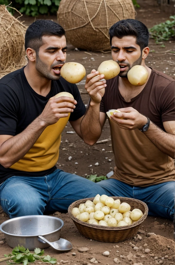 Argentinian ugly men eating raw potatoes with dirt