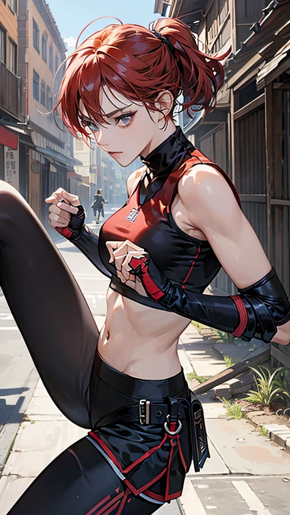 {{masterpiece}}, {{{best quality}}},{{ultra-detailed}}, {{illustration}},{{tall stature}},{{adult women}},skinny,Small breasts,Slender body,{{fighting stance}},((Leggings with integrated shorts)),((Black leggings)) Female Fighter Red hair short cut Sleeveless uniform Martial Arts Belt ,Chinese style,Cowboy Shot, black fingerless gloves,Street Fight,Slums,1 female,alone, Elbow guard