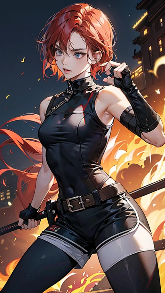 {{masterpiece}}, {{{best quality}}},{{ultra-detailed}}, {{illustration}},{{tall stature}},{{adult women}},skinny,Small breasts,Slender body,{{fighting stance}},((Leggings with integrated shorts)),((Black leggings)) Female Fighter Red hair short cut Sleeveless uniform Martial Arts Belt ,Chinese style,Cowboy Shot, black fingerless gloves,Street Fight,Slums,1 female,alone, Elbow guard