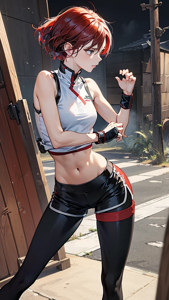 {{masterpiece}}, {{{best quality}}},{{ultra-detailed}}, {{illustration}},{{tall stature}},{{adult women}},skinny,Small breasts,Slender body,{{fighting stance}},((Leggings with integrated shorts)),Black leggings female fighter Red hair short cut Sleeveless uniform Martial Arts Belt ,Chinese style,full body, black fingerless gloves,Street Fight,Slums,1 female,alone,