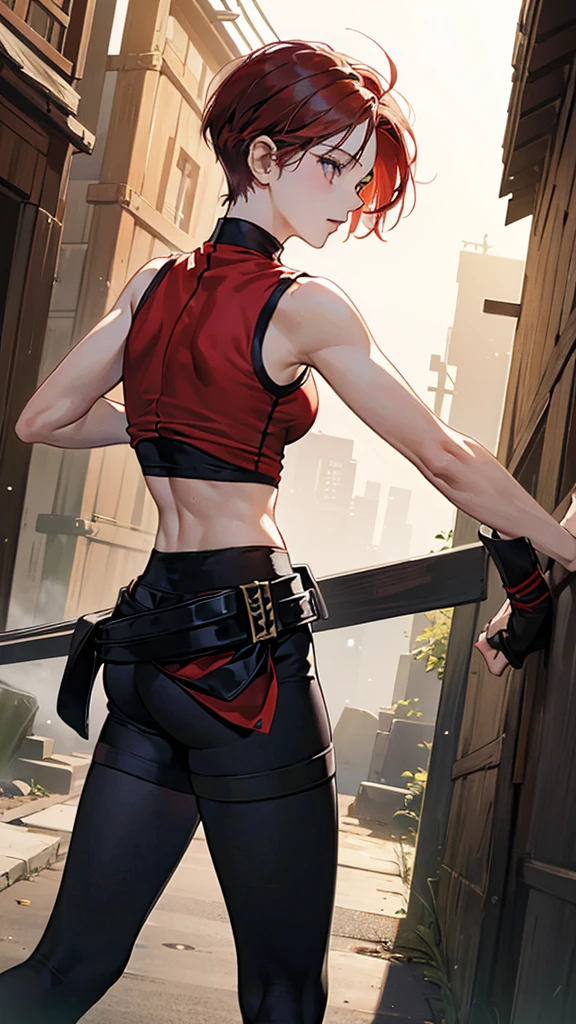 {{masterpiece}}, {{{best quality}}},{{ultra-detailed}}, {{illustration}},{{tall stature}},{{adult women}},skinny,Small breasts,Slender body,{{fighting stance}},((Leggings with integrated shorts)),((Black leggings)) Female Fighter Red hair short cut Sleeveless uniform Martial Arts Belt ,Chinese style,Cowboy Shot, black fingerless gloves,Street Fight,Slums,1 female,alone, Elbow guard