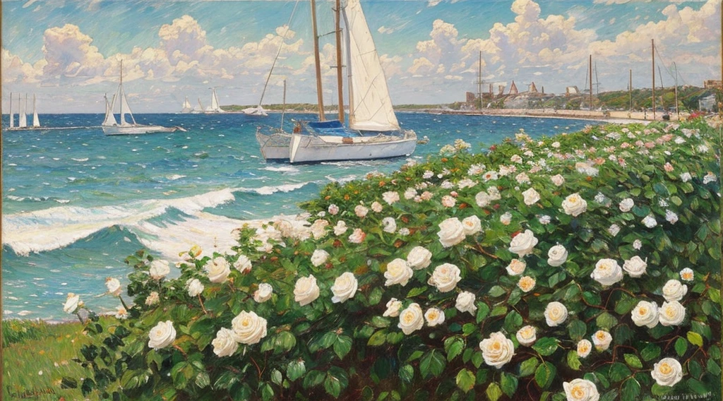 The foreground depicts a white rose bush，The background is the sea and sky，There are sailboats on the sea，The style is similar to Childe Hassam&#39;s 11-year-old work《flower，Isles of Shoals》。This painting is done on canvas，Use warm neutral tones，Low contrast，Reflects the style of vintage oil painting。
