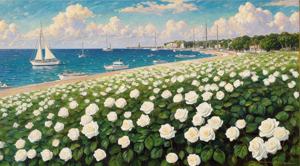 The foreground depicts a white rose bush,The background is the sea and sky,There are sailboats on the sea,The style is similar to Childe Hassam's 11-year-old work《flower,Isles of Shoals》。This painting is done on canvas,Use warm neutral tones,Low contrast,Reflects the style of vintage oil painting。