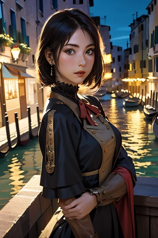 Highest quality High resolution Venice at night Cute woman in steampunk costume