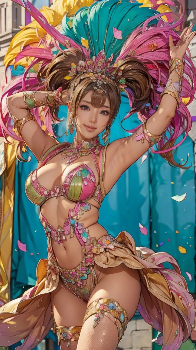 Highest quality, Official Art, masterpiece, Fabric Shading, High resolution, Very detailed, colorful, Best details, Fantasy, High leg samba costume:1.5, Yuki Mori:1.5, 1 female, Age 25, Brown Hair, short hair, Twin tails,Naturally flowing bangs, Puffy nipples, {{{{{Dancing vigorously in the parade:1.9}}}}}, A castle town with an old castle view, sunny, Large Breasts, skinny, Surrounded by a bunch of male photographers:1.9, Confetti falling, Blessed, welcome:1.5, Camel Toe:1.7, Ground level shot,