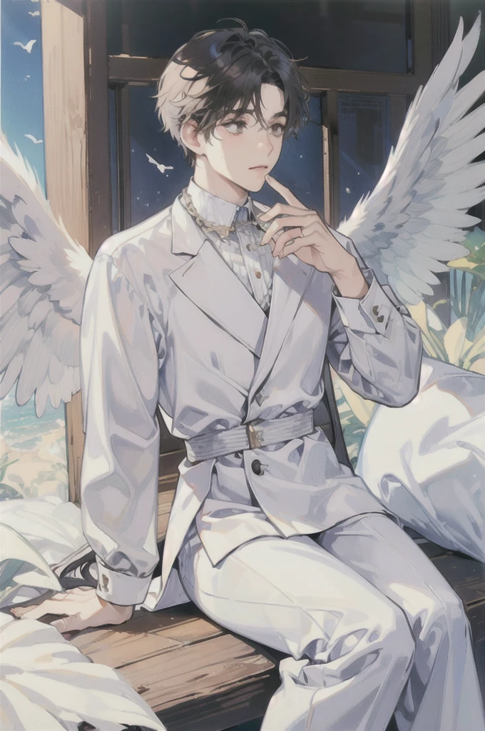 man, side face, wings white behind him, angel, head down