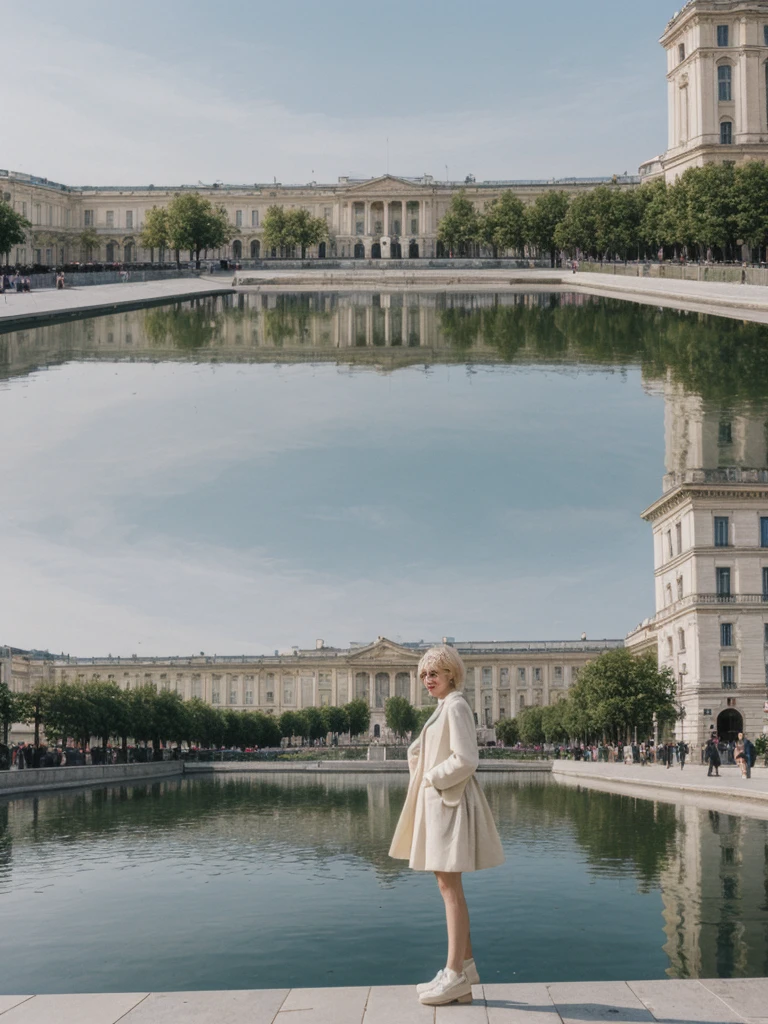her name is Amelie, high quality, 1girl, ((25-year-old fit Caucasian woman)), ((25 years old)), ((SLIM)), ((short blonde hair)), pose: standing, wearing Contemporary Generation-Z modern wear pastel colored, BACKGROUND: "Strolling through the Place de la Bourse, with its grand classical architecture and the reflecting pool of the Miroir d'Eau."