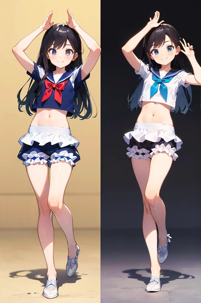 Multiple Girls, (masterpiece:1.8),(Highest quality:1.8),(Very detailed:1.8),(8k:1.8),(Ultra-fine Illustration:1.3),Random Hairstyles,Flat Chest,Sailor suit,Butt,(Frills,Bloomers:1.4),(Pose with a smile:1.5),running,(Full body angle),, Gymnastics