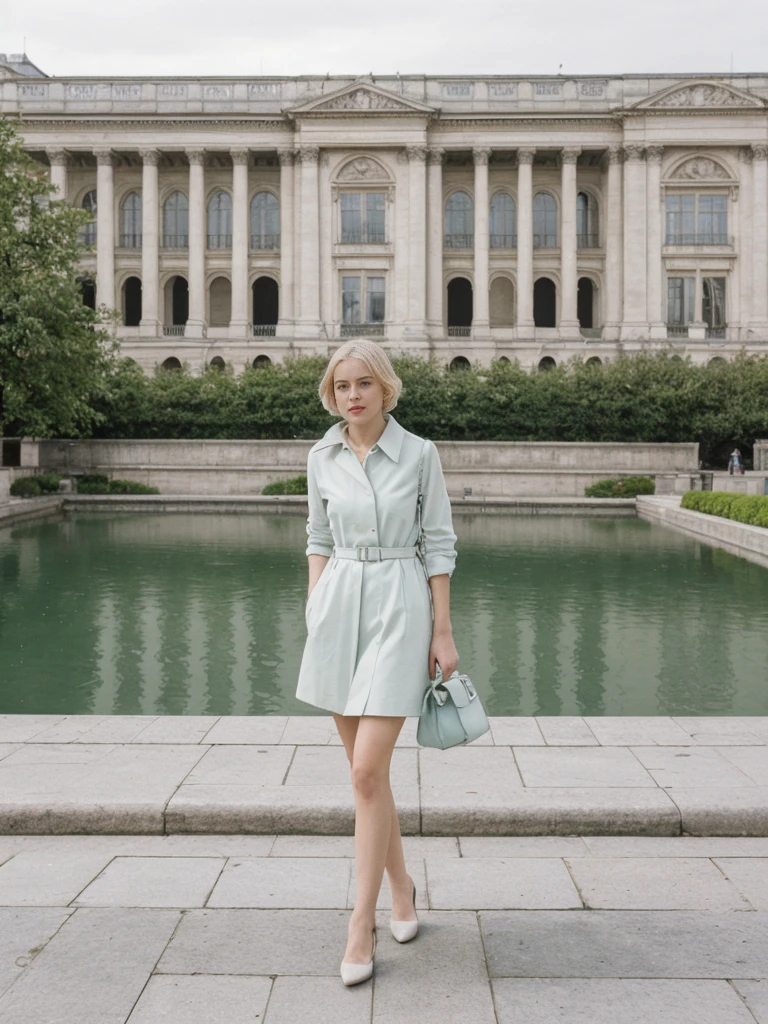 her name is Amelie, high quality, 1girl, ((25-year-old fit Caucasian woman)), ((25 years old)), ((SLIM)), ((short blonde hair)), pose: standing, wearing Contemporary Generation-Z modern wear pastel colored, BACKGROUND: "Strolling through the Place de la Bourse, with its grand classical architecture and the reflecting pool of the Miroir d'Eau."