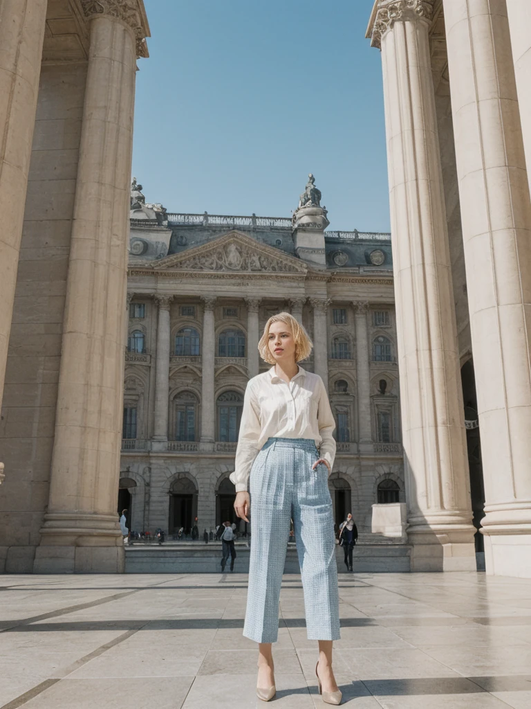 her name is Amelie, high quality, 1girl, ((25-year-old fit Caucasian woman)), ((25 years old)), ((SLIM)), ((short blonde hair)), pose: standing, wearing Contemporary Generation-Z modern wear pastel colored, BACKGROUND: "Strolling through the Place de la Bourse, with its grand classical architecture and the reflecting pool of the Miroir d'Eau."