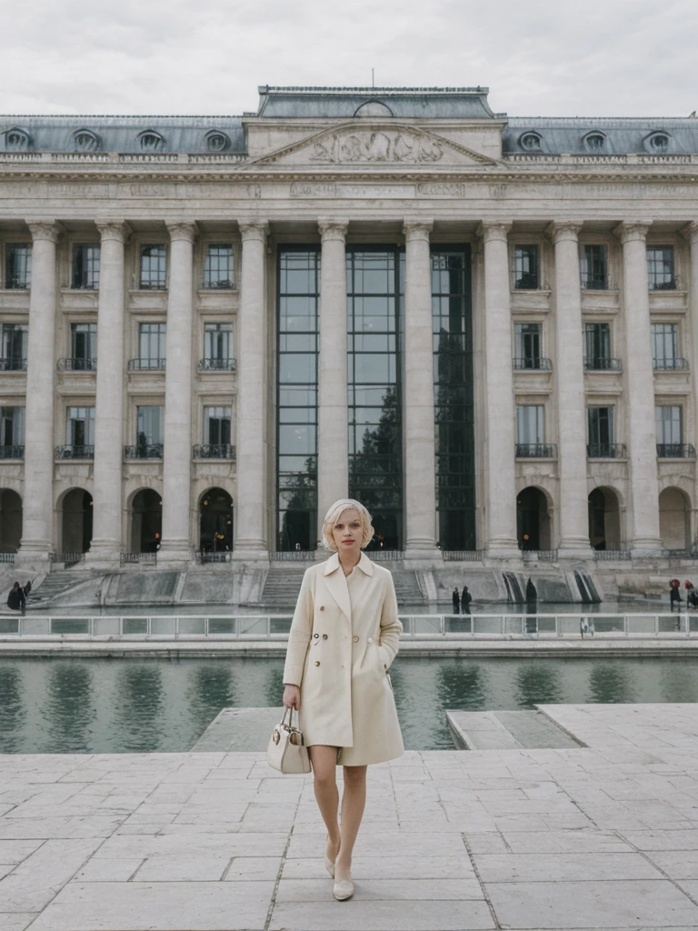 her name is Amelie, high quality, 1girl, ((25-year-old fit Caucasian woman)), ((25 years old)), ((SLIM)), ((short blonde hair)), pose: standing, wearing Contemporary Generation-Z modern wear pastel colored, BACKGROUND: "Strolling through the Place de la Bourse, with its grand classical architecture and the reflecting pool of the Miroir d'Eau."