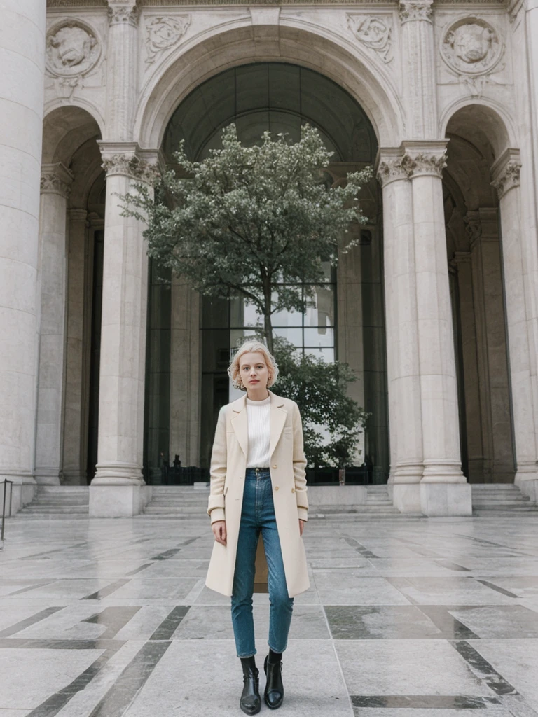 her name is Amelie, high quality, 1girl, ((25-year-old fit Caucasian woman)), ((25 years old)), ((SLIM)), ((short blonde hair)), pose: standing, wearing Contemporary Generation-Z modern wear pastel colored, BACKGROUND: "Strolling through the Place de la Bourse, with its grand classical architecture and the reflecting pool of the Miroir d'Eau."