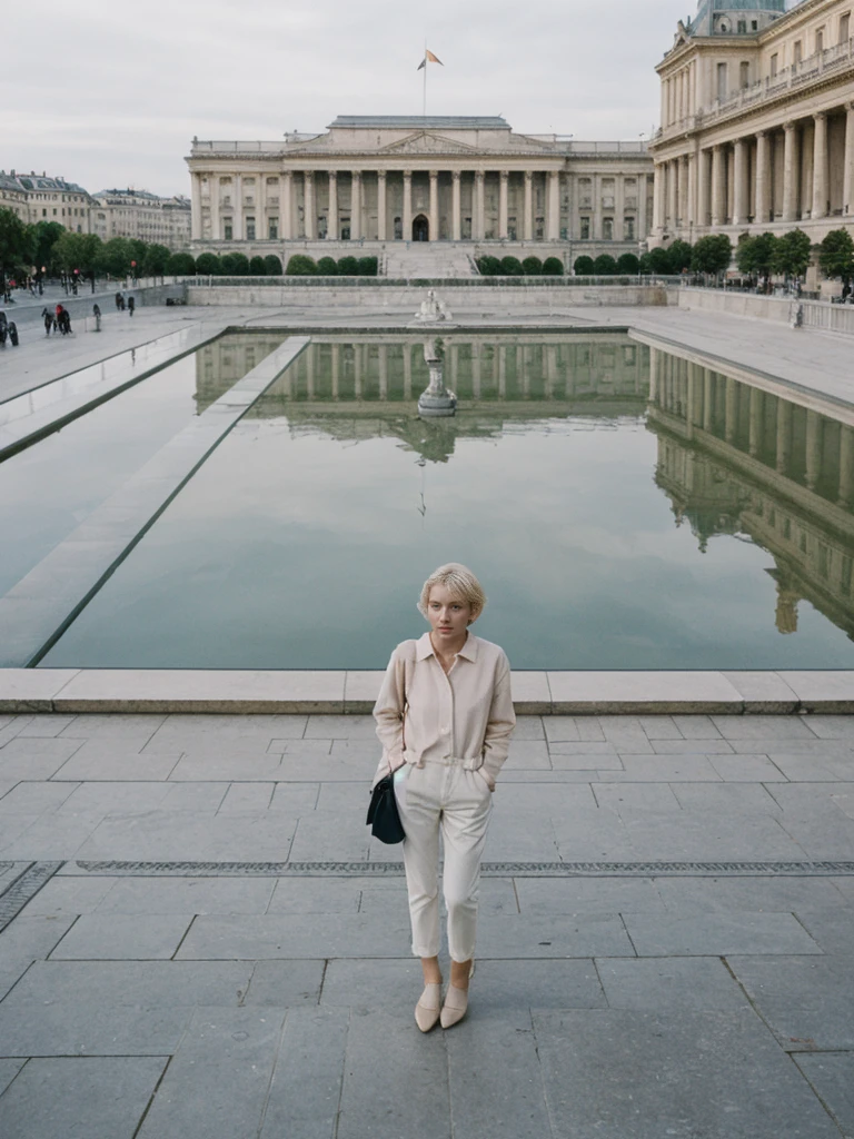 her name is Amelie, high quality, 1girl, ((25-year-old fit Caucasian woman)), ((25 years old)), ((SLIM)), ((short blonde hair)), pose: standing, wearing Contemporary Generation-Z modern wear pastel colored, BACKGROUND: "Strolling through the Place de la Bourse, with its grand classical architecture and the reflecting pool of the Miroir d'Eau."