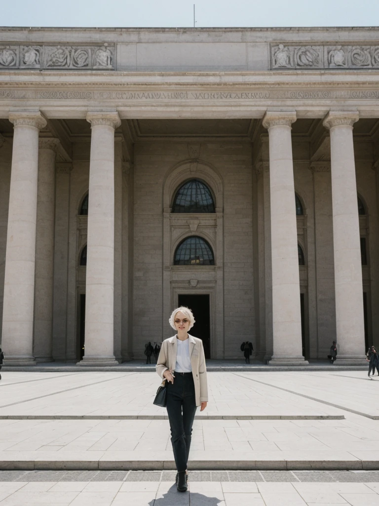 her name is Amelie, high quality, 1girl, ((25-year-old fit Caucasian woman)), ((25 years old)), ((SLIM)), ((short blonde hair)), pose: standing, wearing Contemporary Generation-Z modern wear pastel colored, BACKGROUND: "Strolling through the Place de la Bourse, with its grand classical architecture and the reflecting pool of the Miroir d'Eau."