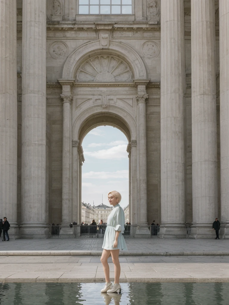 her name is Amelie, high quality, 1girl, ((25-year-old fit Caucasian woman)), ((25 years old)), ((SLIM)), ((short blonde hair)), pose: standing, wearing Contemporary Generation-Z modern wear pastel colored, BACKGROUND: "Strolling through the Place de la Bourse, with its grand classical architecture and the reflecting pool of the Miroir d'Eau."