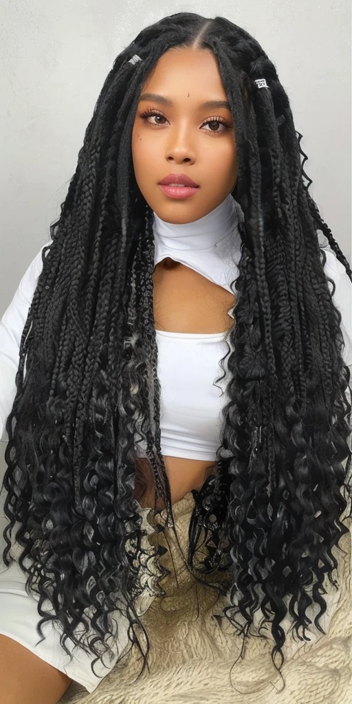 a woman with long black curly hair wearing a white top, long black braids, box braids, black hair in braids, long black braided hair, long braided black hair, long braided curly hair, long braids, long braided hair on top of head, long dark braided hair, long braided curly silver hair, braids, white braids, long wild black curly hair