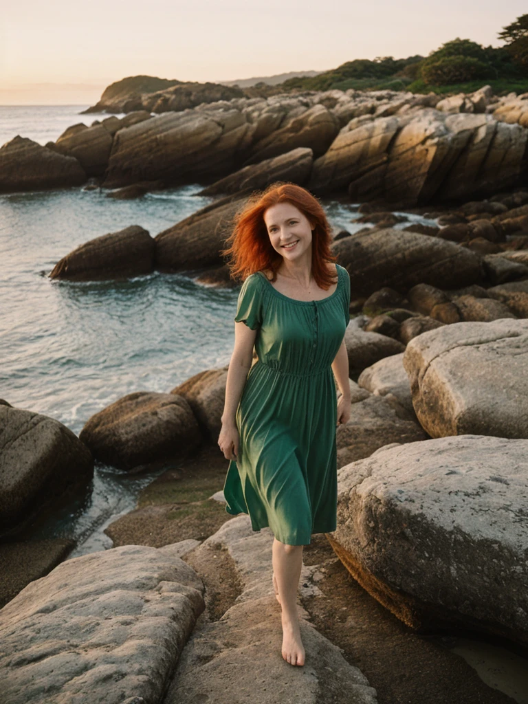 portrait shot, half body, her name is Mia, high quality, 1 old woman, ((40-year-old guitar shaped body irish woman)), (((40 years old))), (guitar shaped body), wide hips, (wrinkled body), (old body), (((red hair))), (pale skin), ((green eyes)), she is wearing a sexy boho dress, dynamic pose, smiling, BREAK, BACKGROUND: outdoor: secluded cove at sunrise, coves, dawn, tide pools, seashells, small boat, film grain