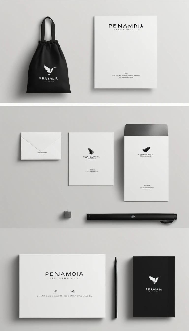 A minimal, modern, simple, cinematic logo design for the brand “Penamemoria". Create a modern, minimalistic, high-quality, logo of a boy-feather