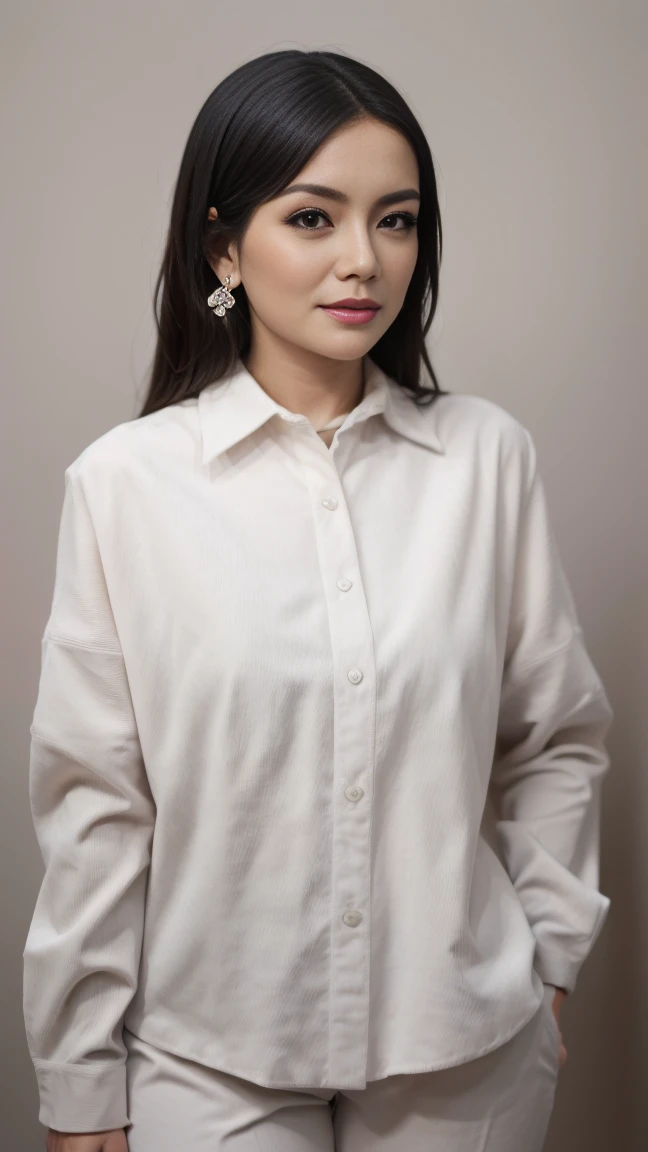 a pretty woman, dressed in white shirt, full body portrait, nice perfect face with perfect face, hyper realistic concept, 8k resolution, photography quality, posing for a photo, photo realistic, ((half unbuttoned shirt))  long  black hair