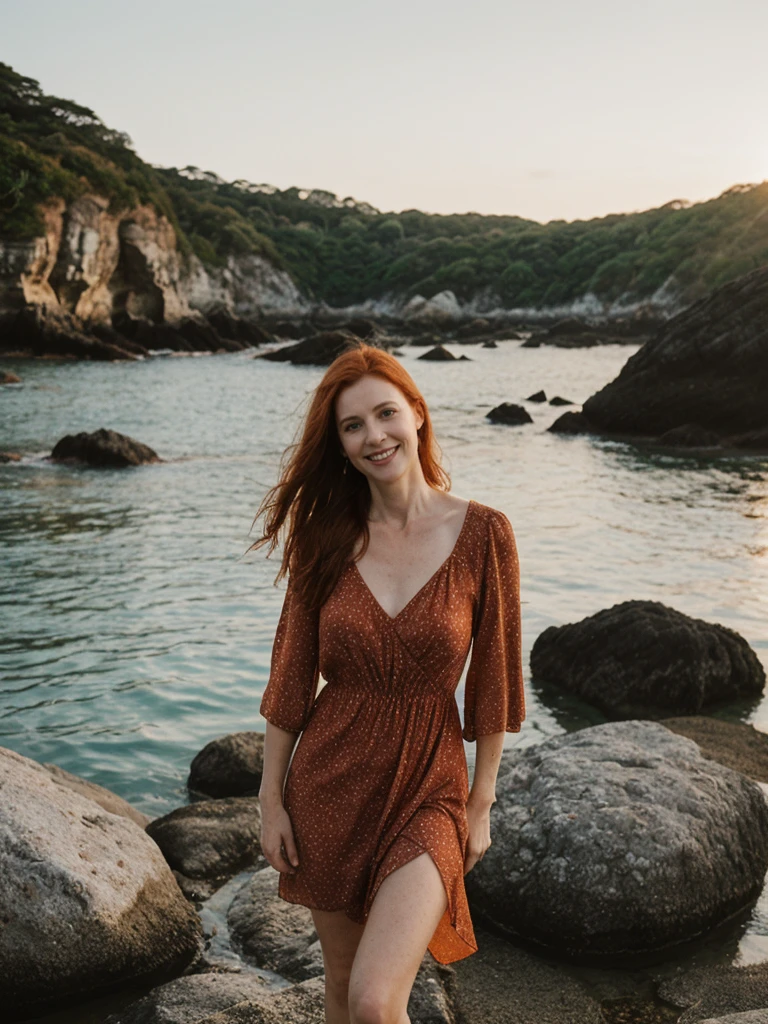 portrait shot, half body, her name is Mia, high quality, 1 old woman, ((40-year-old guitar shaped body irish woman)), (((40 years old))), (guitar shaped body), wide hips, (wrinkled body), (old body), (((red hair))), (pale skin), ((green eyes)), she is wearing a sexy boho dress, dynamic pose, smiling, BREAK, BACKGROUND: outdoor: secluded cove at sunrise, coves, dawn, tide pools, seashells, small boat, film grain