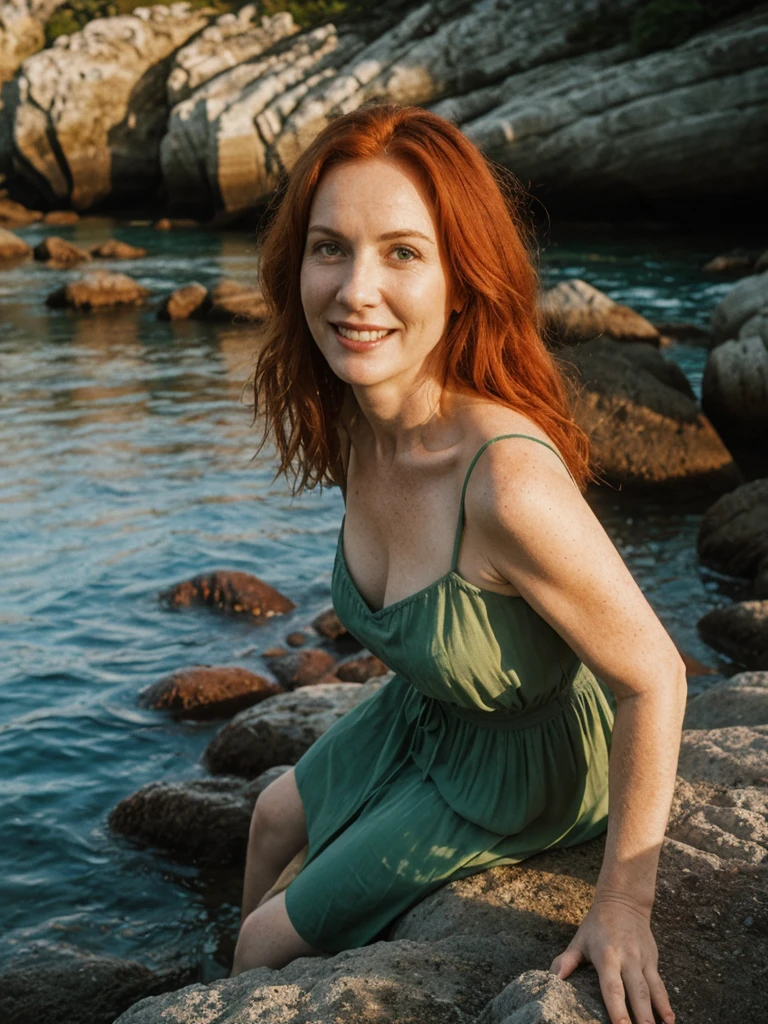 portrait shot, half body, her name is Mia, high quality, 1 old woman, ((40-year-old guitar shaped body irish woman)), (((40 years old))), (guitar shaped body), wide hips, (wrinkled body), (old body), (((red hair))), (pale skin), ((green eyes)), she is wearing a sexy boho dress, dynamic pose, smiling, BREAK, BACKGROUND: outdoor: secluded cove at sunrise, coves, dawn, tide pools, seashells, small boat, film grain