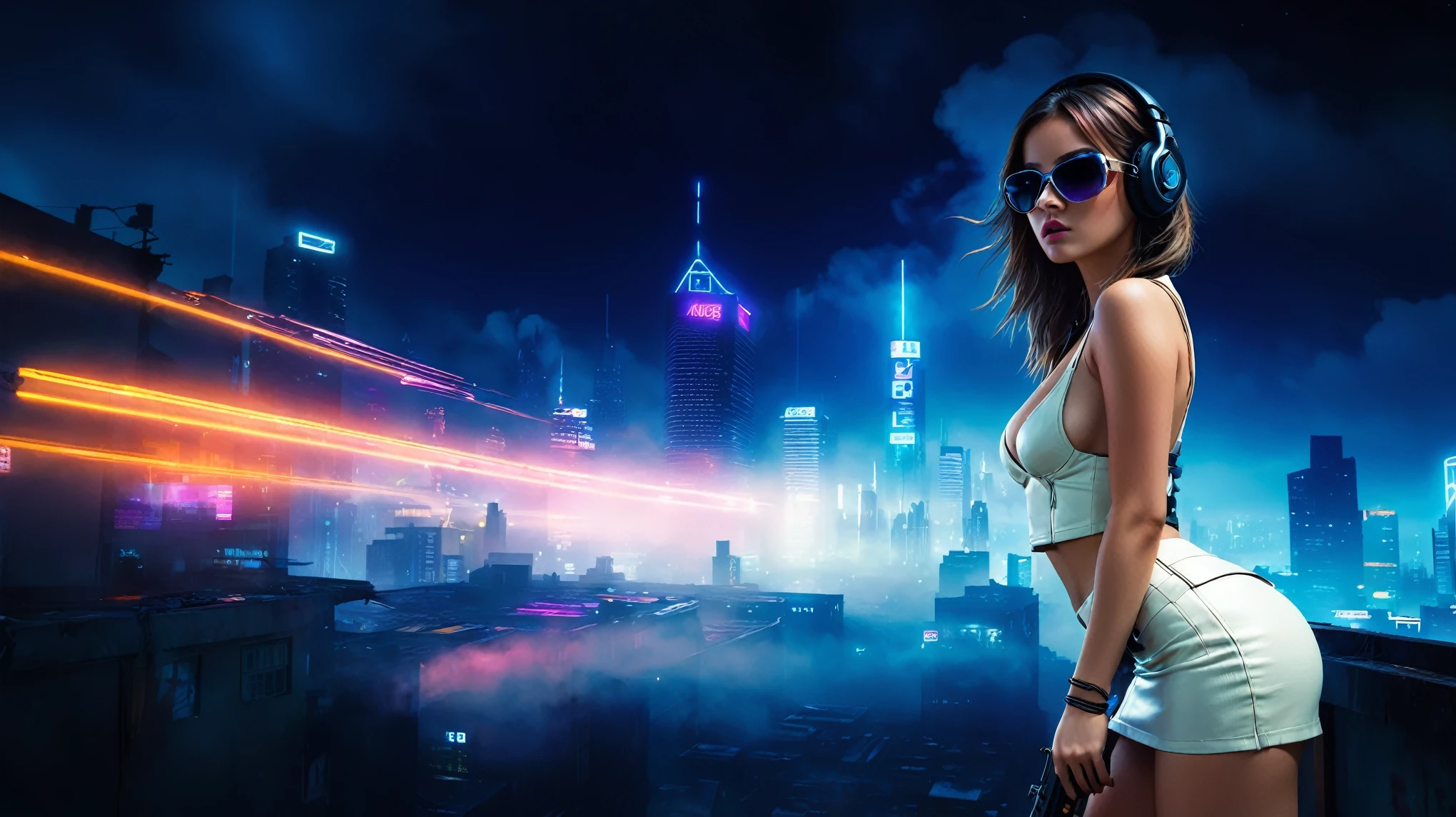 dark futuristic landscape, at night, neon lights, Atmospheric fog, large buildings in the background, futuristic city, streets with open shops, skyscraper (postapocalyptic city:1.3). (((1girl, solo, alone))), large-breast:1.2 slim body, cleavage:1.1, sexy miniskirt, (((headphone, black sunglasses, standing and holding pistol pose))), (((half-body thigh level medium shot))), cinematic lighting, lens flare, ray tracing.
