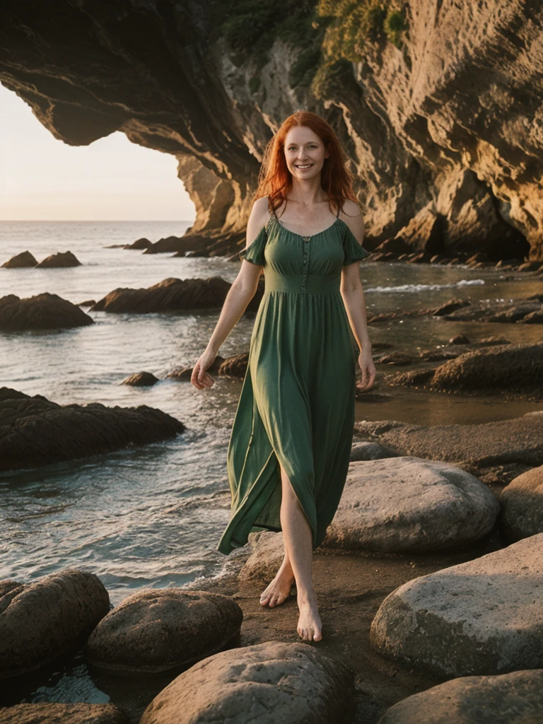 portrait shot, half body, her name is Mia, high quality, 1 old woman, ((40-year-old guitar shaped body irish woman)), (((40 years old))), (guitar shaped body), wide hips, (wrinkled body), (old body), (((red hair))), (pale skin), ((green eyes)), she is wearing a sexy boho dress, dynamic pose, smiling, BREAK, BACKGROUND: outdoor: secluded cove at sunrise, coves, dawn, tide pools, seashells, small boat, film grain